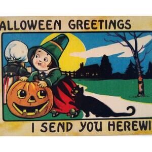 Halloween Postcard Bergman Witch Girl Black Cat Full Moon JOL Fantasy Serie 9086